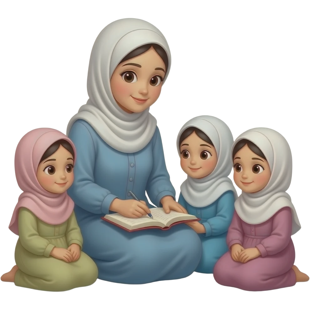 one women is sitting with children in islam and teaching them manners a feamale nit a male kids should be little girls with hijab emoji