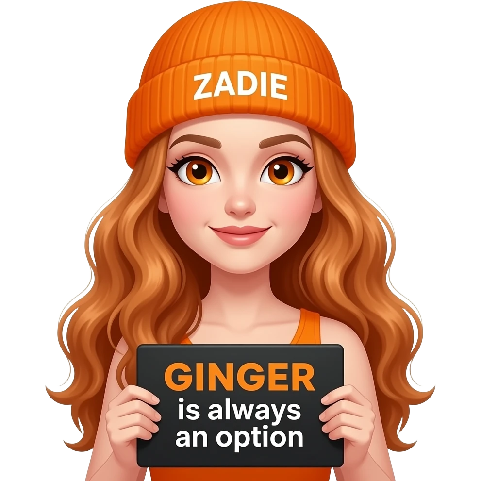 sexy girl with overlong wavy ginger hair and ginger eyes wearing a orange tanktop and a orange beanie with ZADIE written on it, is holding a black sign with GINGER is always an option written on it emoji