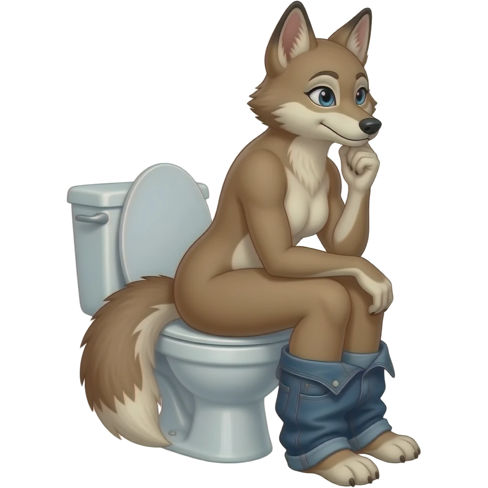 Female coyote furry person woman sit on toilet pants off,side view,fursona emoji