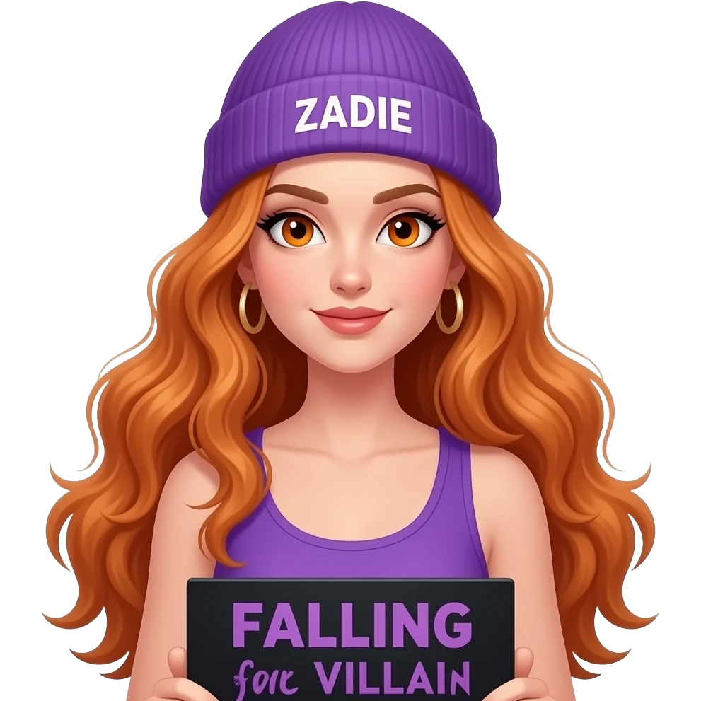 sexy girl with overlong wavy ginger hair and ginger eyes wearing a purple tanktop and a purple beanie with ZADIE written on it, is holding a black sign with FALLING for the VILLAIN written on it emoji