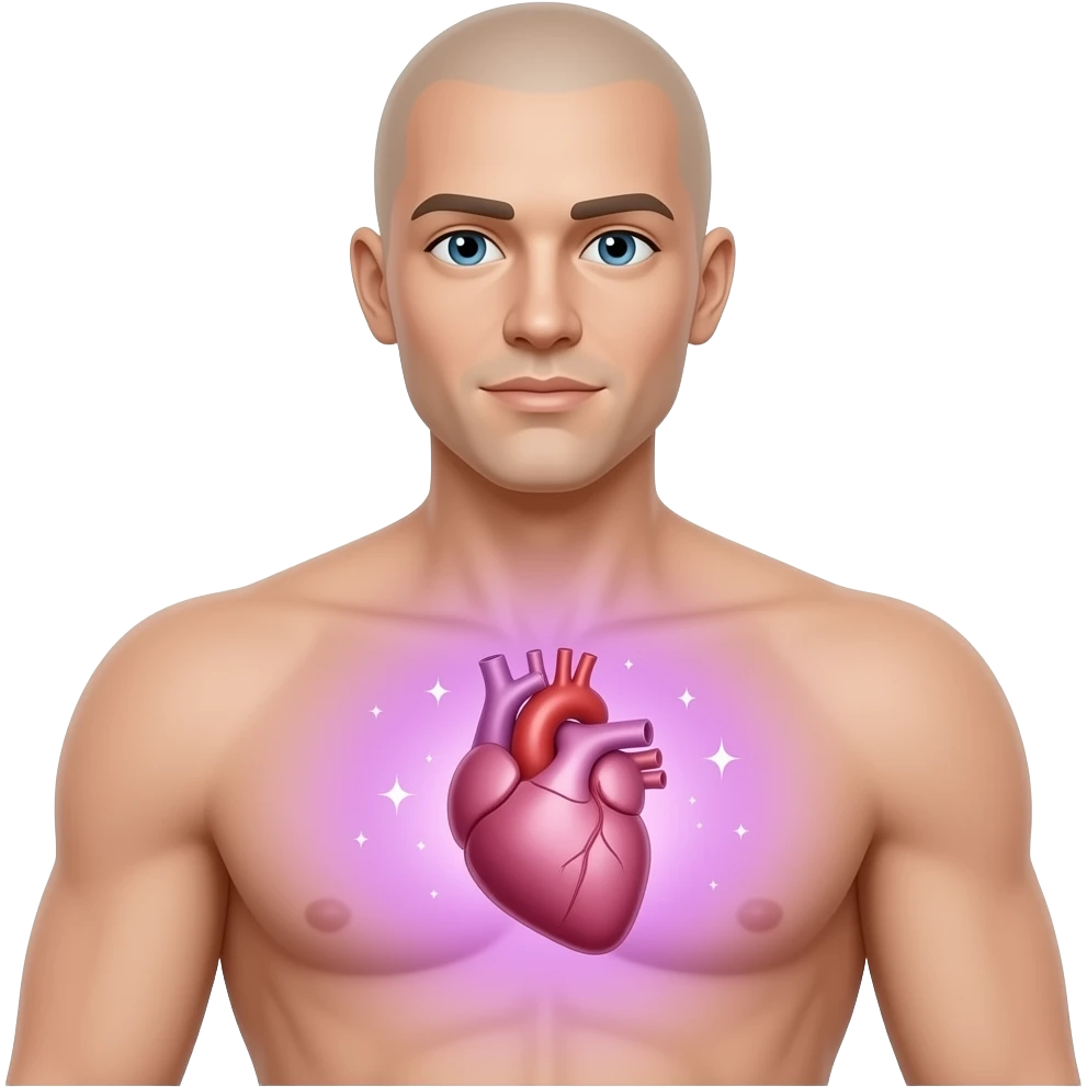 iOS-style emoji of a human torso with an anatomical heart in the chest, soft pink-purple aura with sparkles, smooth gradients, glossy finish, minimal details, neutral background. emoji