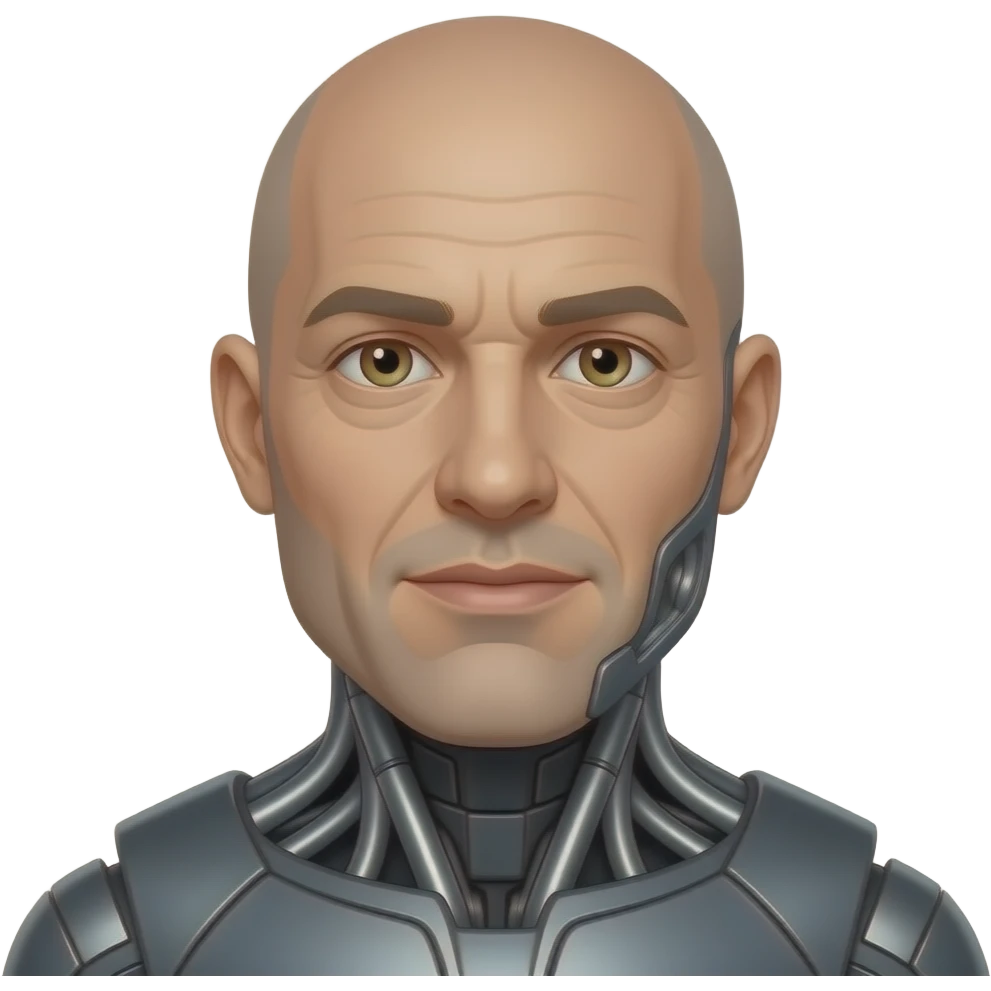 40 year-old bald man with a chin goatee, hazel eyes, and part cyborg emoji