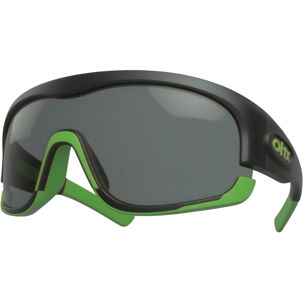 Apple iOS style sports sunglasses emoji, glossy 3D wraparound sunglasses, black lenses with green accents, sleek athletic design, smooth shading, ultra detailed, clean background, premium iOS emoji aesthetic emoji
