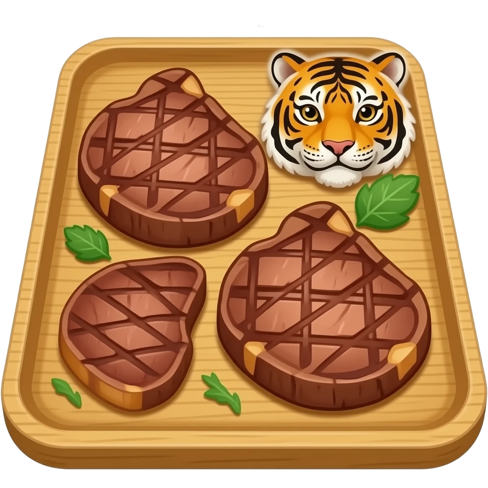 a tray of steaks with a tiger sticker on it emoji
