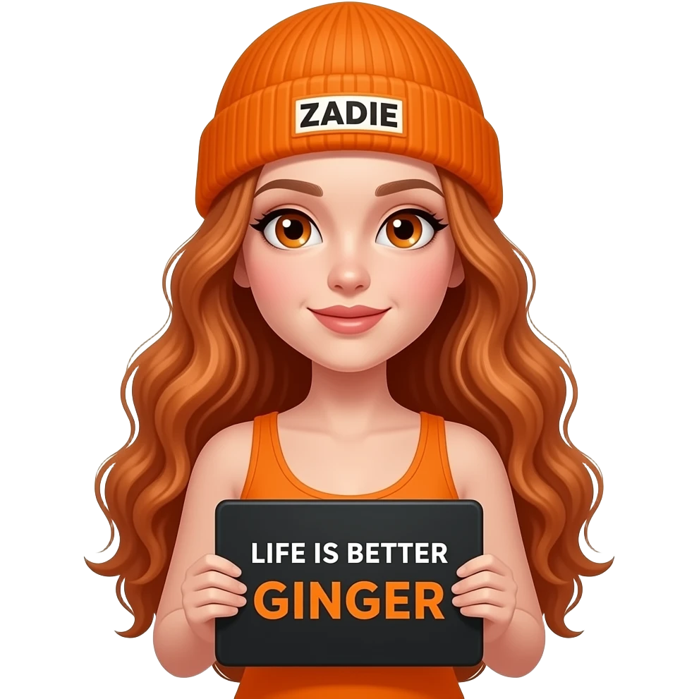 sexy girl with overlong wavy ginger hair and ginger eyes wearing a orange tanktop and a orange beanie with ZADIE written on it, is holding a black sign with LIFE IS BETTER with a GINGER written on it emoji