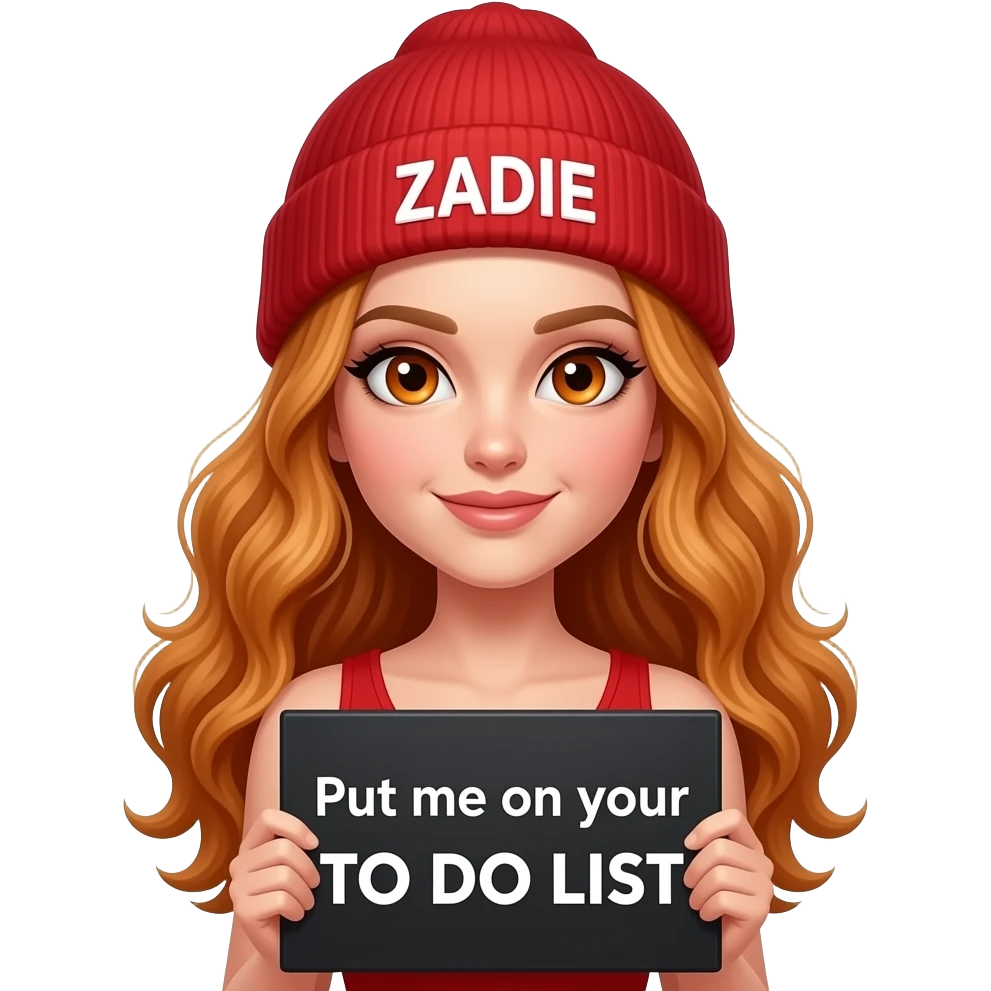 sexy girl with overlong wavy ginger hair and ginger eyes wearing a red tanktop and a red beanie with ZADIE written on it, is holding a black sign with Put me on your TO DO LIST written on it emoji