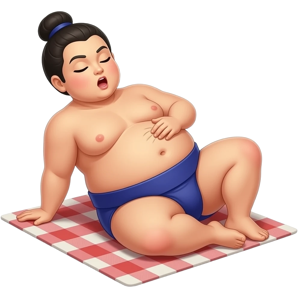 A female Buddha sumo wrestler,relaxing & resting on a picnic blanket,leaning back rubbing her full stomach,her cute Bellybutton goes on display,her waistline is ballooning,her tummy is obese and overstuffed,A compliment by a content burp. emoji