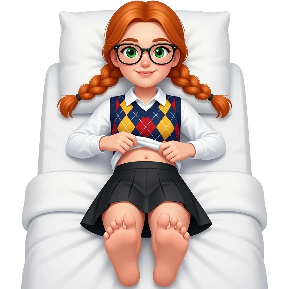 17 year old white woman green eyes orange braided pigtails rectangle glasses white long sleeved polo argyle dark blue red and yellow vest black skirt laying down on her pillow in bed lifting her shirt showing belly button showing her feet emoji