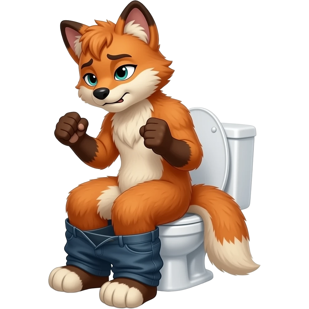 fursuit sitting on toilet, pants down, side view , both fists , uncomfortable,  close up emoji