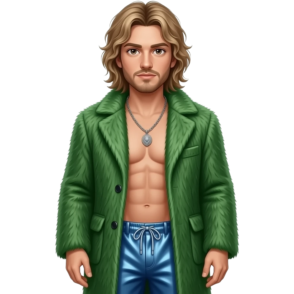 Ryan Dunn with brown eyes, long dirty blonde hair, green fur coat, blue metallic baggy pants, shirtless with necklace emoji