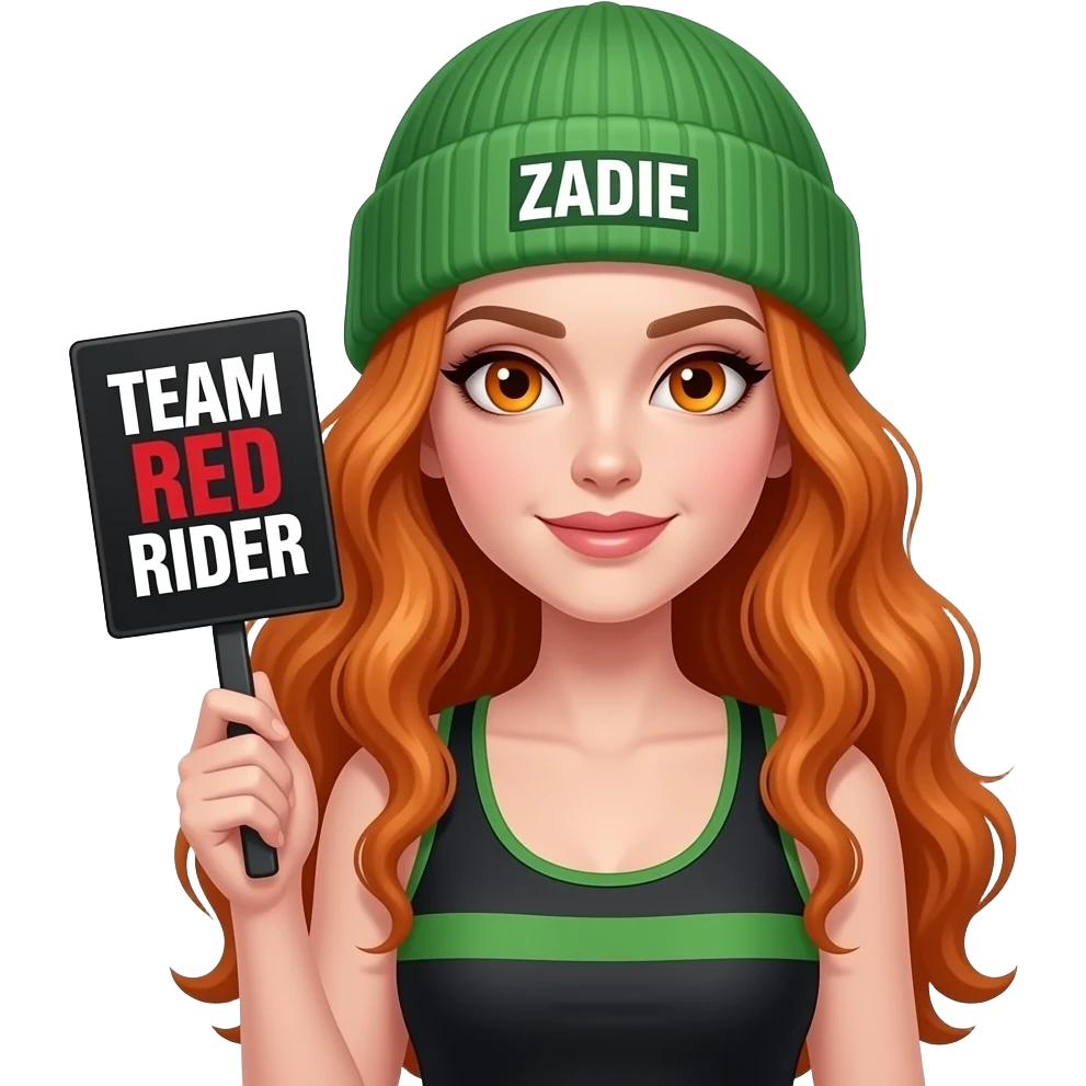 sexy girl with overlong wavy ginger hair and ginger eyes wearing a black green tanktop and a green beanie with ZADIE written on is holding a black sign with just TEAM RED RIDER on it emoji