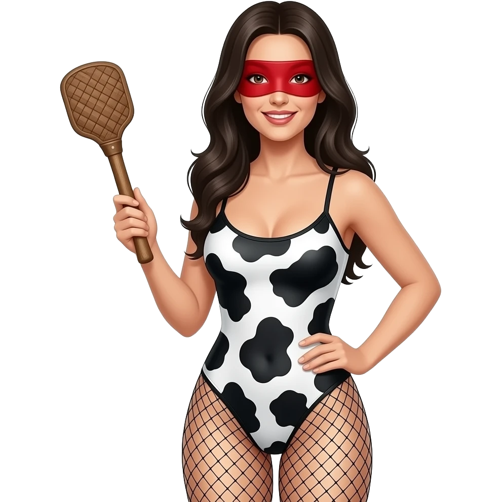Woman with long dark hair, wearing a fishnet bull body suit,  holding a leather paddle in one hand and a red blindfold in the other hand, (fullbody) emoji
