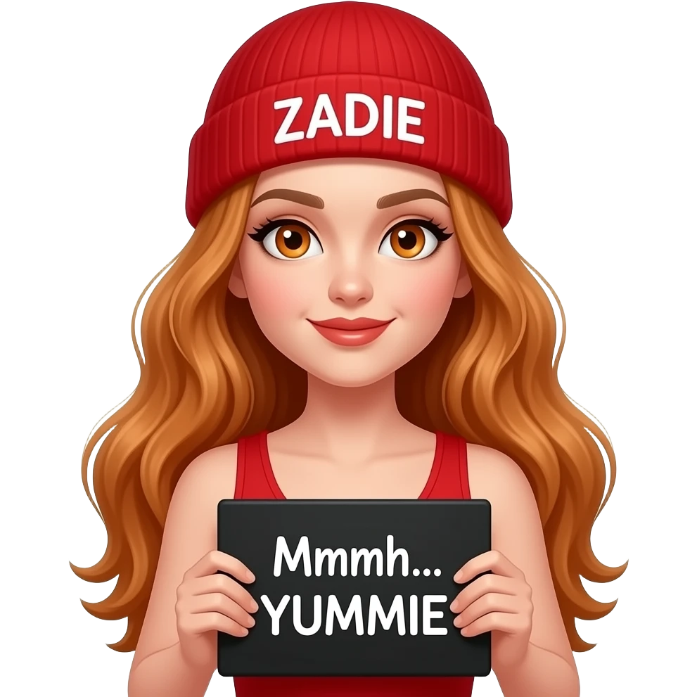 sexy girl with overlong wavy ginger hair and ginger eyes wearing a red tanktop and a red beanie with ZADIE written on it, is holding a black sign with Mmmh... YUMMIE written on it emoji