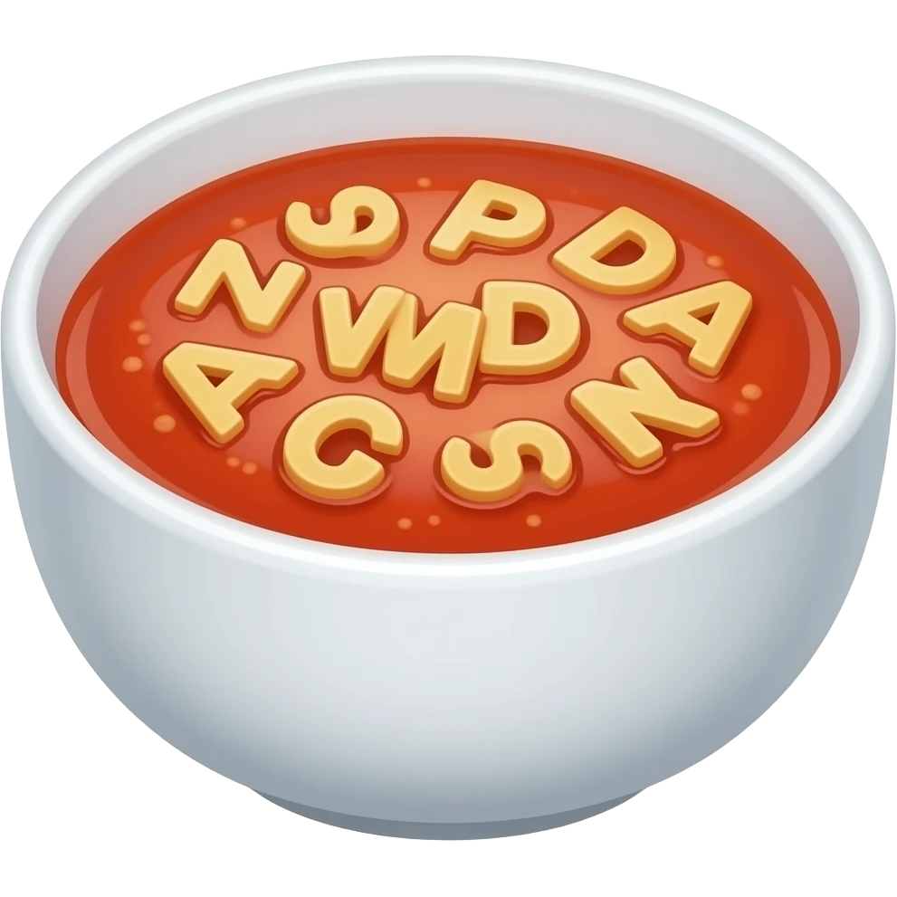 a bowl of soup with small pasta alphabet letters swimming around on the surface of the soup emoji