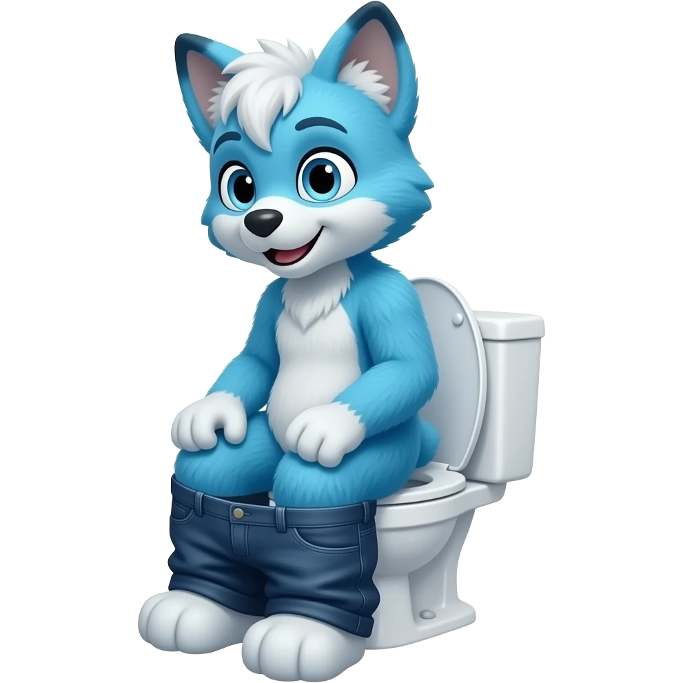 blue fursuit sitting on toilet, side view, pants down, pushing emoji