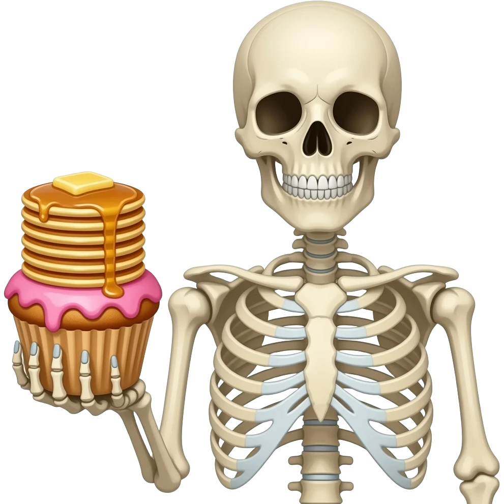 Skeleton holding cupcake with a stacks of pancakes on top emoji