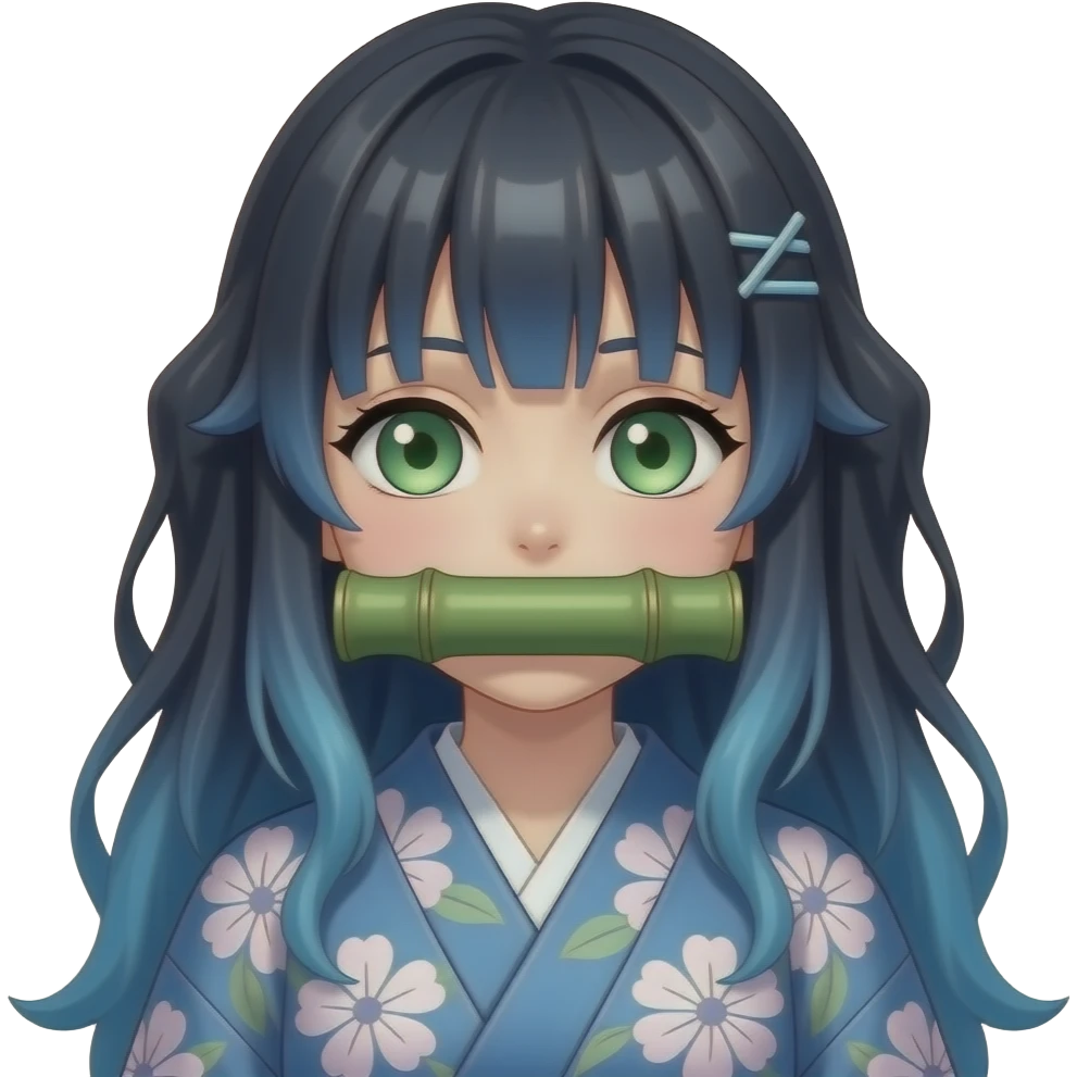 Que se parezca a Nezuco Demon Slayer pero con los ojos verdes el pelo azul y el bambú grueso en la boca el kimono azul y flores color pastel emoji