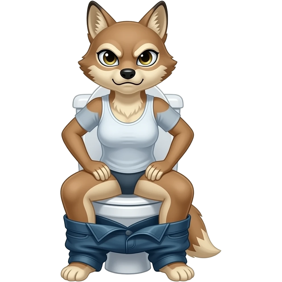Female coyote furry,person woman sit on toilet pants down, mad,fursona emoji