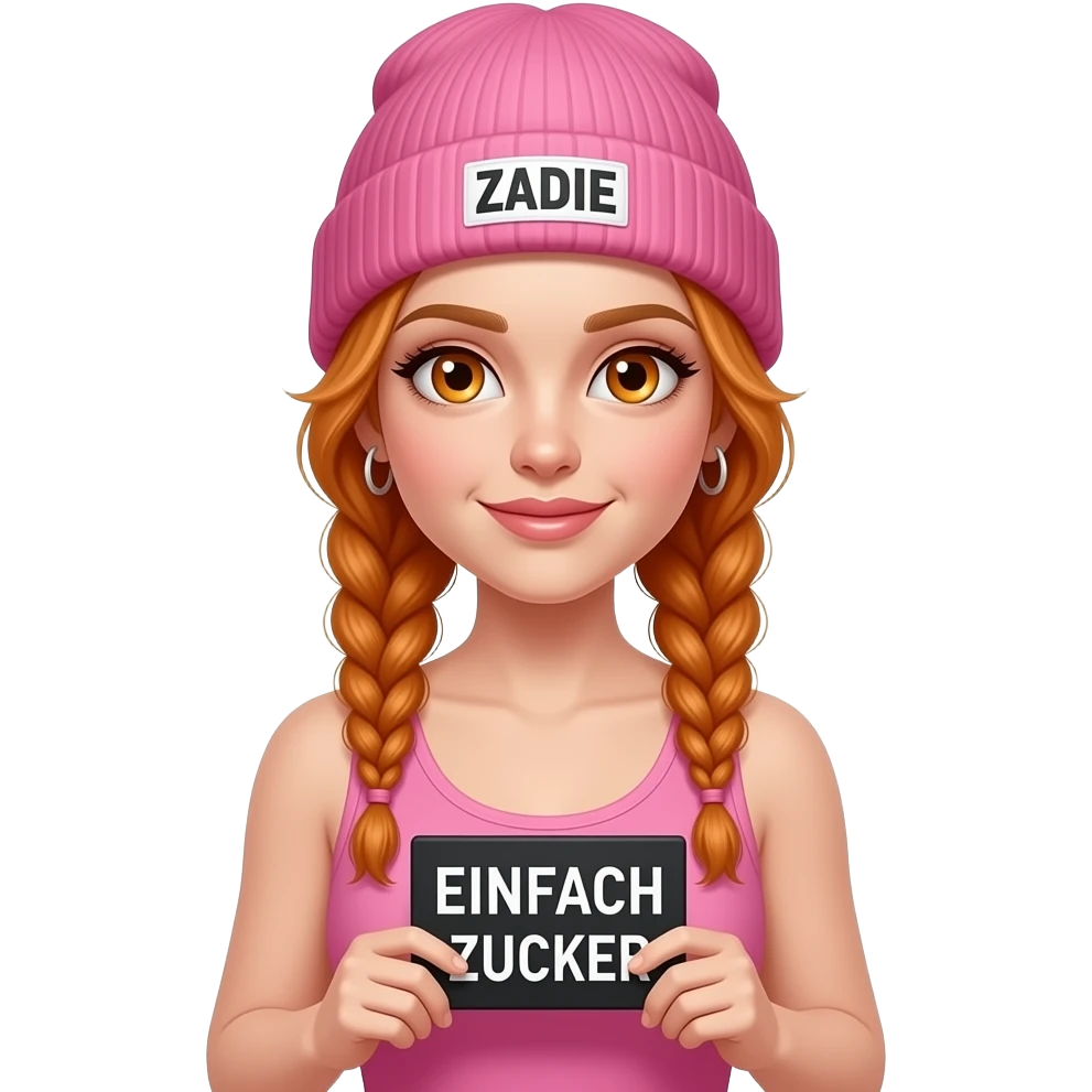 sexy girl with overlong ginger braids and ginger eyes wearing a pink tanktop and a pink beanie with ZADIE written on it, is holding a black sign with EINFACH ZUCKER written on it emoji