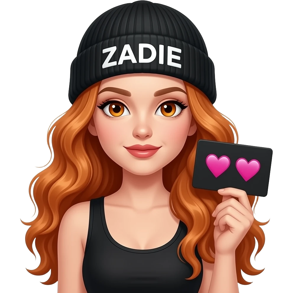 sexy girl with overlong wavy ginger hair and ginger eyes wearing a black tanktop and a black beanie with ZADIE written on it, is holding a black sign with  💚 💚  💚   on it emoji