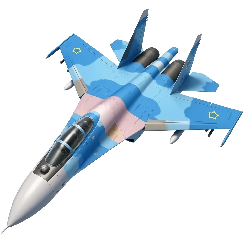 самолет су-27, вид спереди, немного под наклоном, летит в левый нижний угол, дизайн как на настоящем, но заменить оттенки голубого на светло-сыетло розовый, максимально похож на настоящий emoji