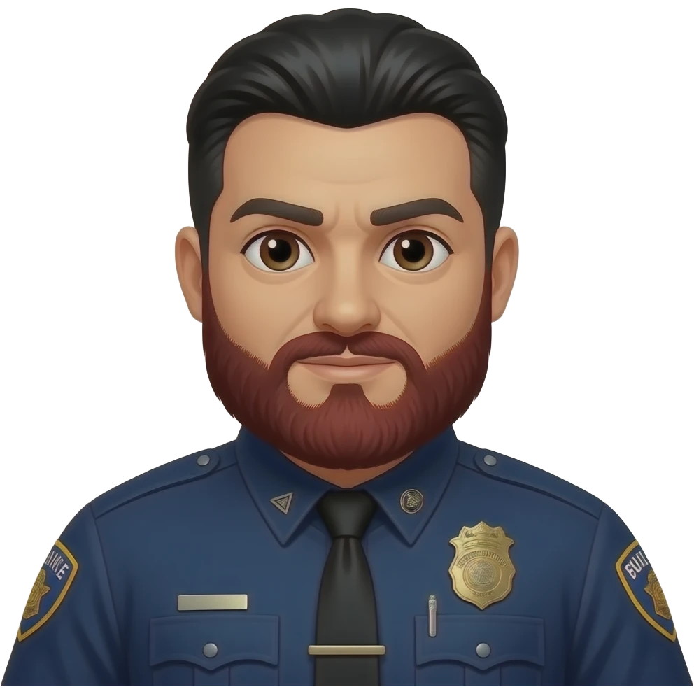 heavy set police officer detective with a full black/red beard and slicked back black hair brown eyes emoji