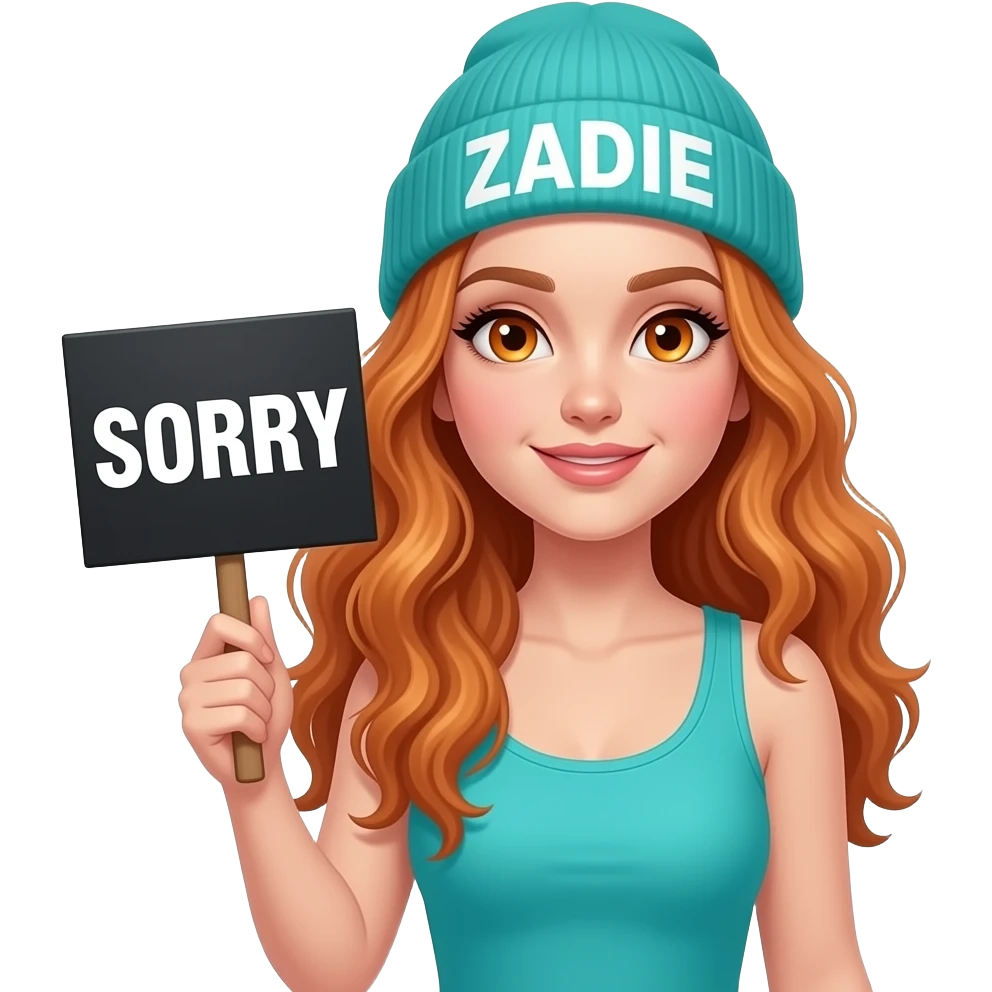 sexy girl with overlong wavy ginger hair and ginger eyes wearing a turquoise tanktop and a turquoise beanie with ZADIE written on it, is holding a black sign with SORRY written on it emoji