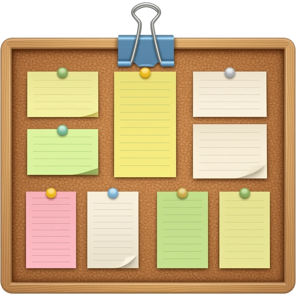 message board with posted notes. No clip at the top emoji