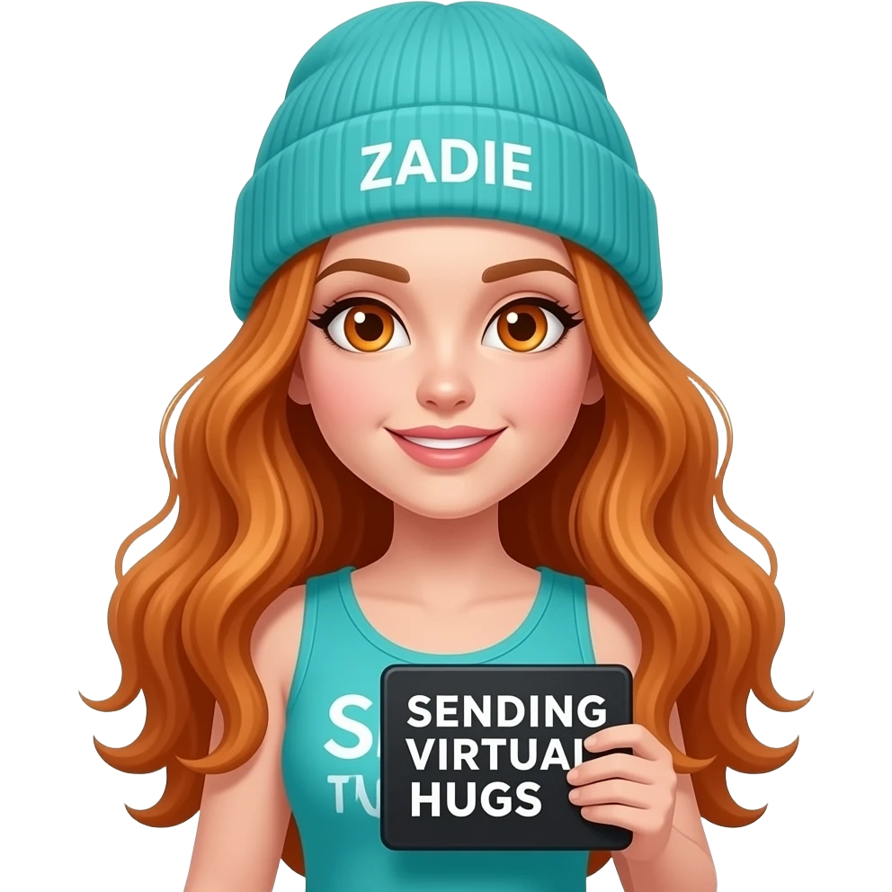 sexy girl with overlong wavy ginger hair and ginger eyes wearing a turquoise tanktop and a turquoise beanie with ZADIE written on it, is holding a black sign with SENDING VIRTUAL HUGS written on it emoji
