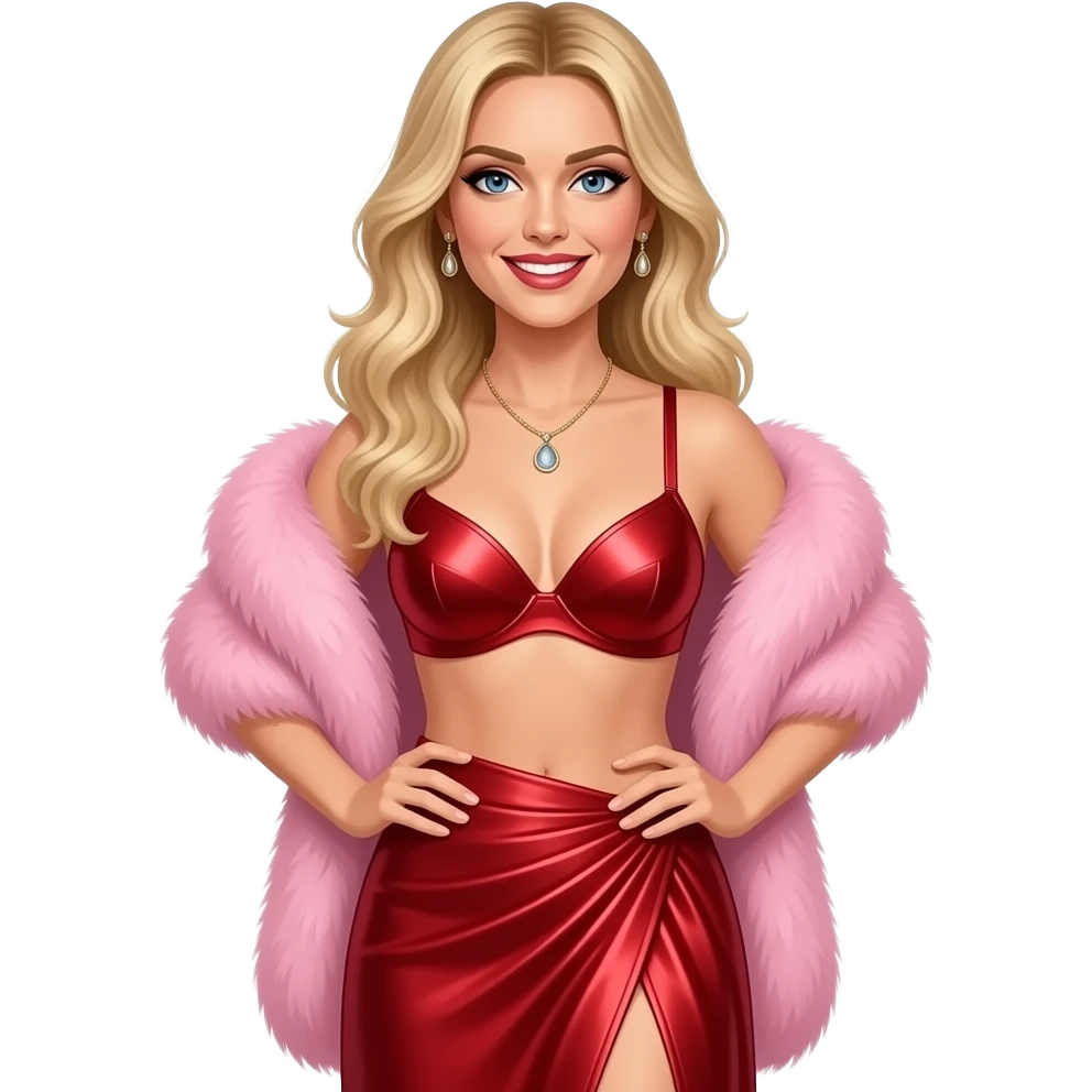 Ali Larter with blue eyes, long blonde hair, pink fur shawl, red metallic bra, red metallic long wrap skirt, necklace and earrings emoji