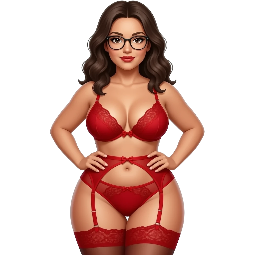 sexy, tan, nude, naked, any hair color, any eye color, glasses, big booty, big ass, PAWG, perfect body shape and figure, in a sexual pose, emphasizing on being a PAWG, huge breast with cleavage, big perfect ass, tiny waist, huge boobs and butt in any pose with a red lingerie emoji
