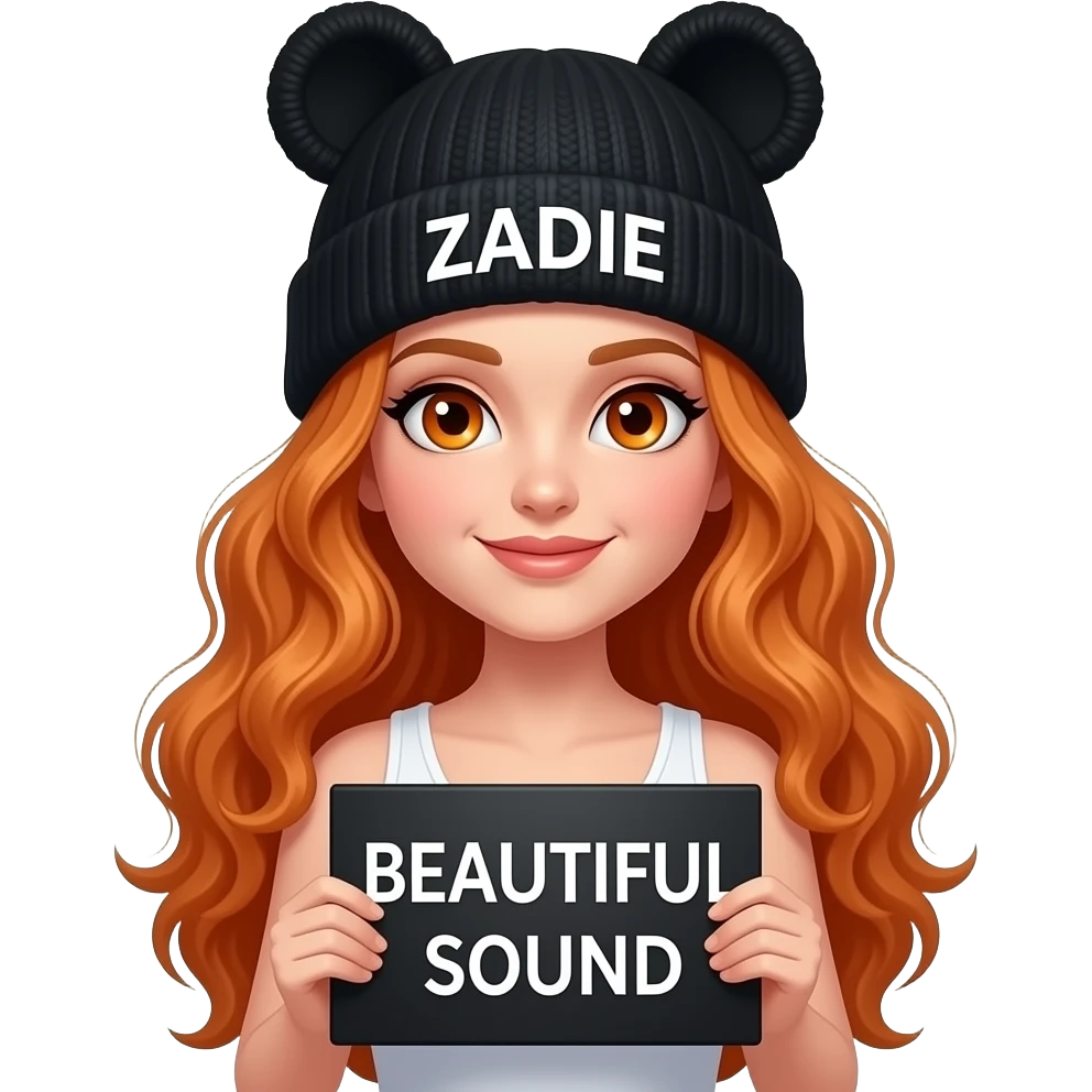 sexy girl with overlong wavy ginger hair and ginger eyes wearing a white tanktop and a black pom hat with ears with ZADIE written on it is holding a black sign with BEAUTIFUL SOUND on it emoji