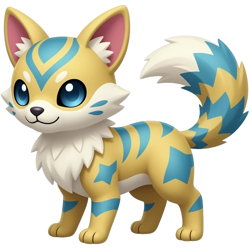 Colorful unique original shiny smooth soft flurry edgy cool Civet-Trico-Sprigatito-Fennekin-Manectric-Vaporeon-Fakémon-hybrid with tribal markings emoji