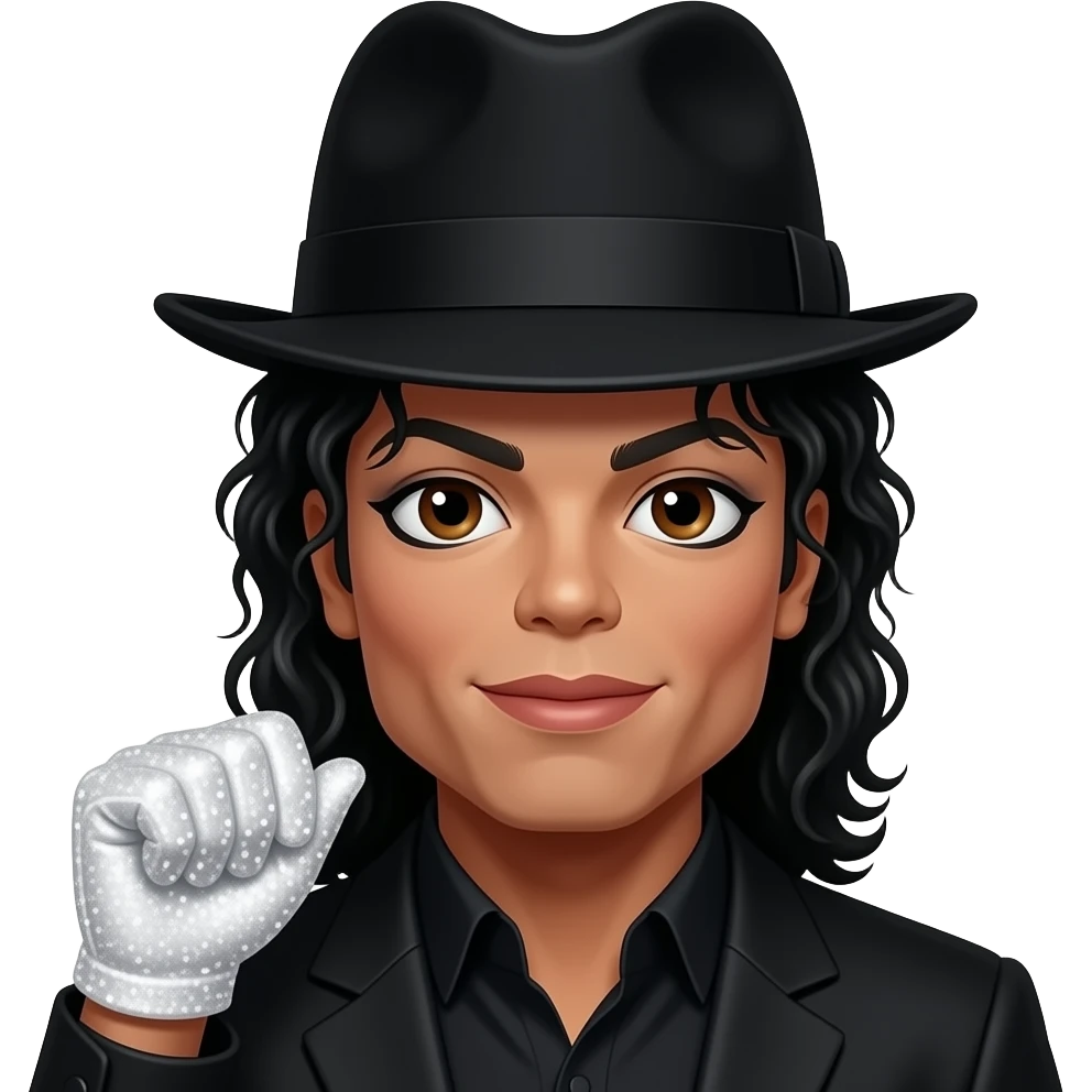 Michael Jackson black curls is a male has tan/darker skin but brown or Hazel eyes wearing a black Fedora and a single white sparkly glitter glove on his left hand wearing a little bit of black eyeliner on the bottom of his eye emoji