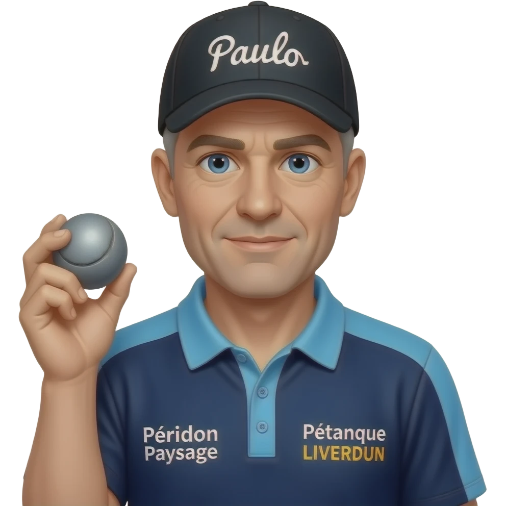 homme 60 ans yeux bleus tout rasé, casquette noire avec "Paulo" inscrit dessus avec boule de pétanque grise à la main sur maillot bleu foncé avec col trois boutons bleu clair et avec épaules seules bleu clair coté bras bleu foncé inscription droit "Pétanque LIVERDUN, côté gauche "Péridon Paysage" emoji