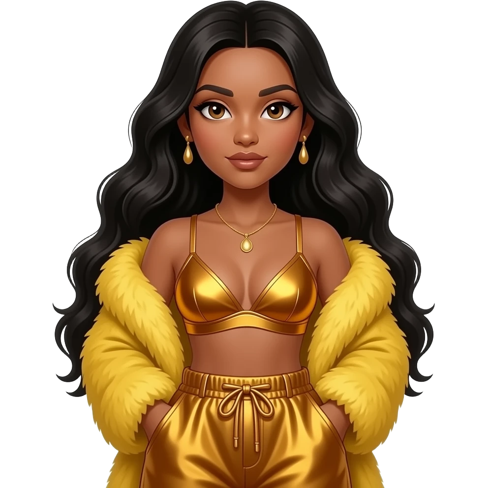 Chilli from TLC with brown eyes, long black hair, yellow fur shawl, amber metallic bra, amber metallic baggy pants, necklace and earrings emoji