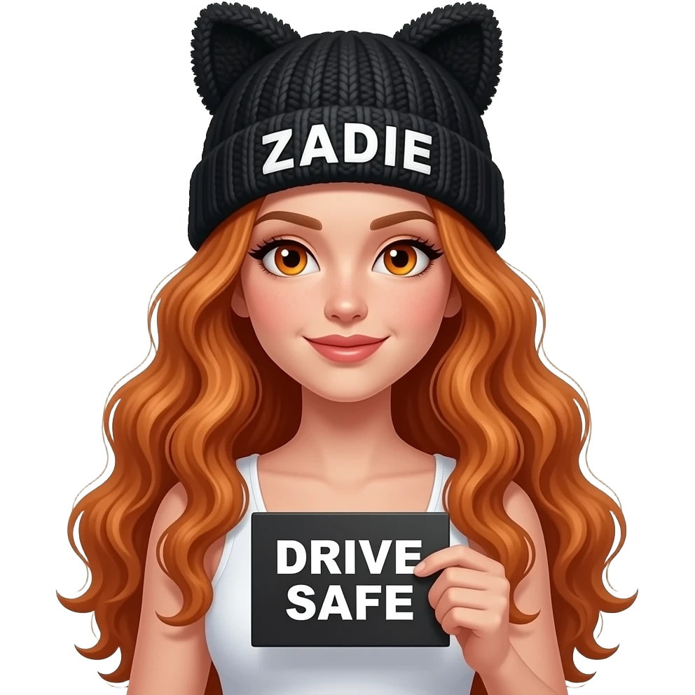 sexy girl with overlong wavy ginger hair and ginger eyes wearing a white tanktop and a black pom pom hat with cat ears with ZADIE written on it is holding a black sign with DRIVE SAFE written on it emoji