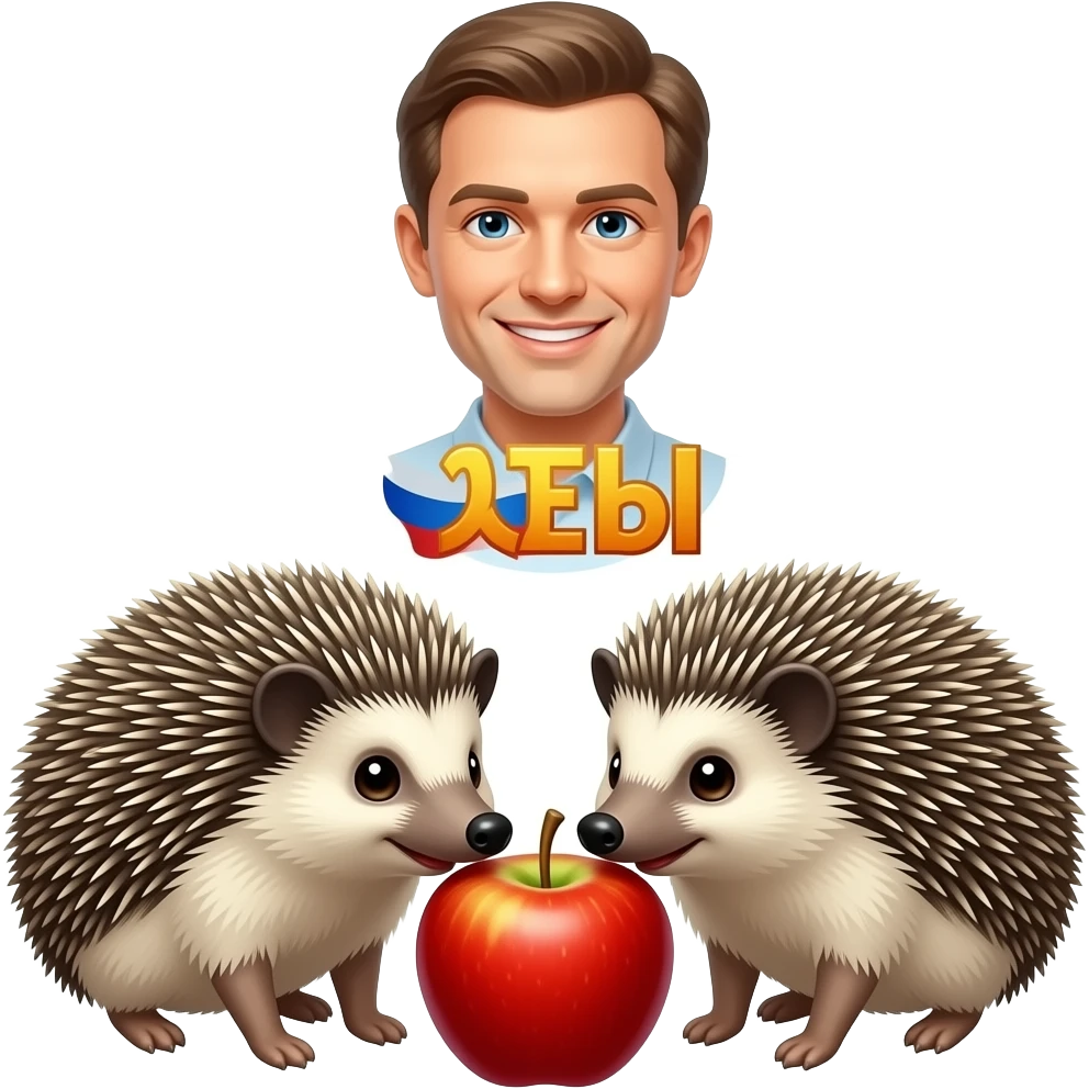 Text above the hedgehogs russian text: "еЖы". Two hedgehogs sniff an apple. Emoji. emoji