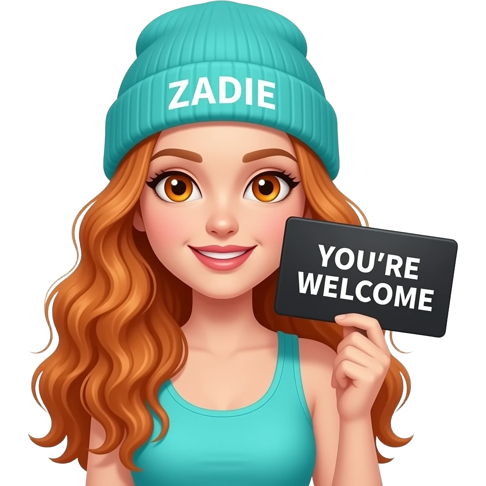 sexy girl with overlong wavy ginger hair and ginger eyes wearing a turquoise tanktop and a turquoise beanie with ZADIE written on it, is holding a black sign with YOU'RE WELCOME written on it emoji