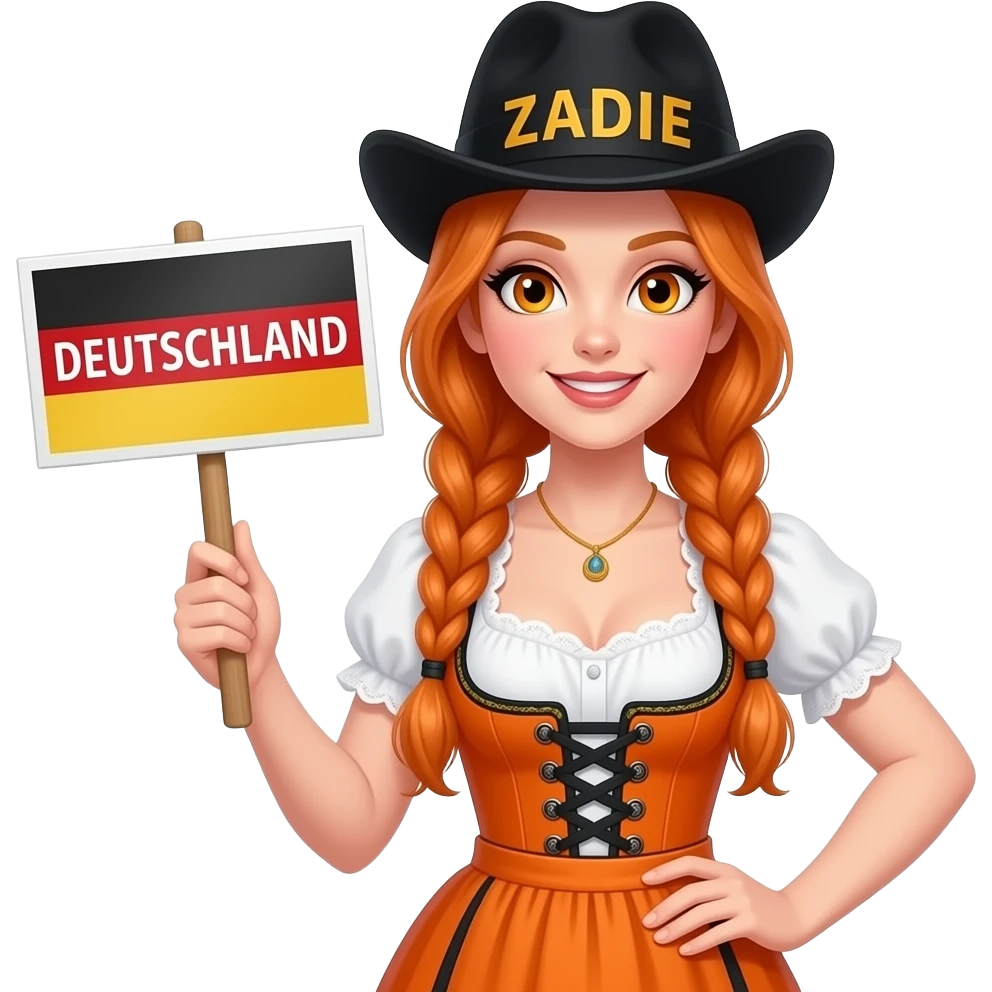 sexy girl with overlong ginger braids and ginger eyes wearing a orange dirndl and a black bavarian hat with ZADIE written on it, is holding a sign with DEUTSCHLAND written on it emoji