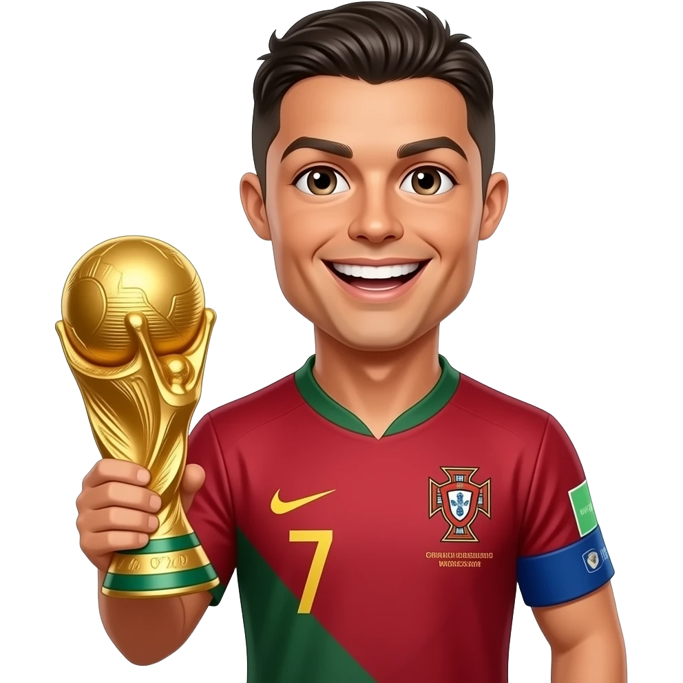 Cute man Cristiano Ronaldo, wearing Portugal national team jersey, holding the FIFA World Cup trophy, big happy smile, glossy 3D emoji sticker, kawaii style, white outline, transparent background, ultra detailed, high quality. emoji