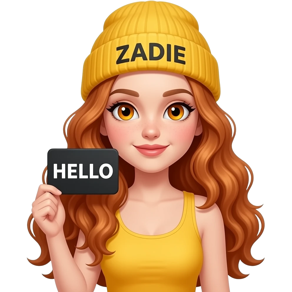 sexy girl with overlong wavy ginger hair and ginger eyes wearing a yellow tanktop and a yellow beanie with ZADIE written on it, is holding a black sign with just HELLO on it emoji