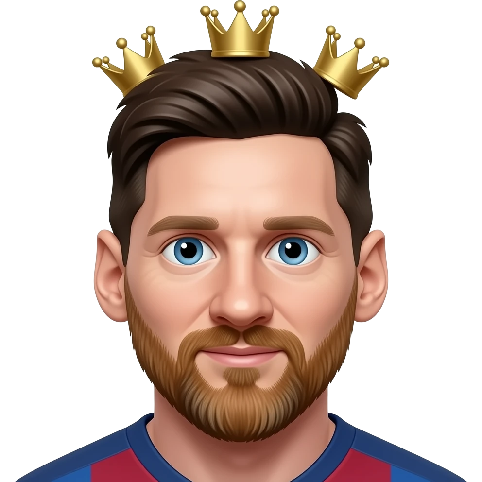 Messi-inspired 3D emoji, same natural face, 3 small gold crowns around him, face uncovered. emoji