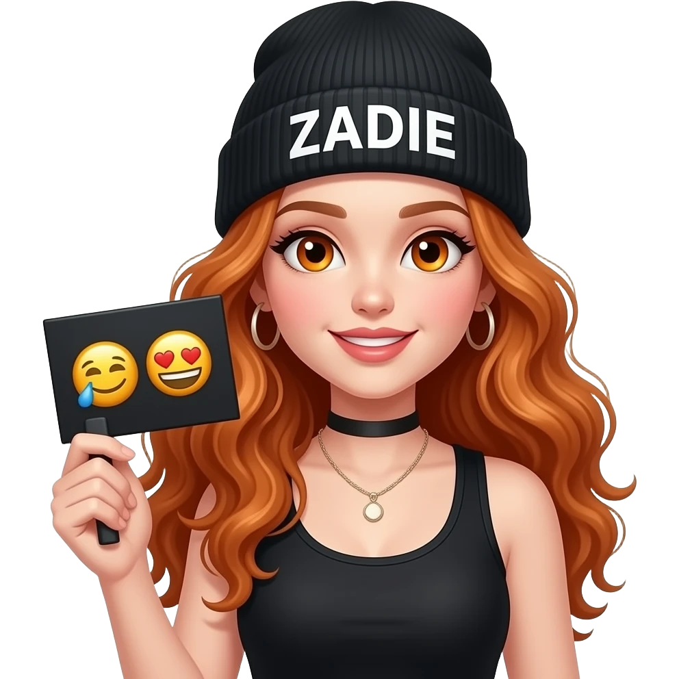 sexy girl with overlong wavy ginger hair and ginger eyes wearing a black tanktop and a black beanie with ZADIE written on it, is holding a black sign with 🥳🥳🥳 on it emoji