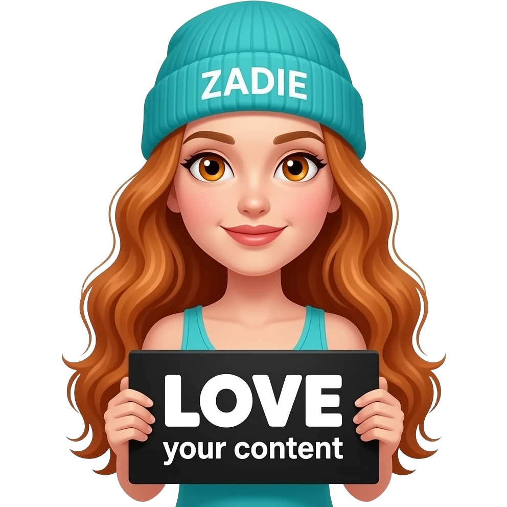 sexy girl with overlong wavy ginger hair and ginger eyes wearing a turquoise tanktop and a turquoise beanie with ZADIE written on it, is holding a black sign with LOVE your content written on it emoji