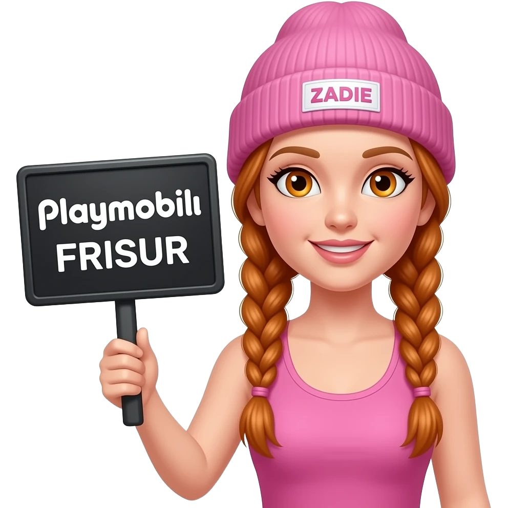 sexy girl with overlong ginger braids and ginger eyes wearing a pink tanktop and a pink beanie with ZADIE written on it, is holding a black sign with Playmobil FRISUR on it emoji