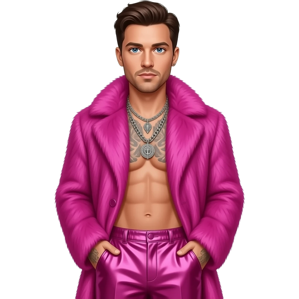 Robin Thicke with blue eyes, dark brown hair, fuchsia fur coat, fuchsia metallic baggy pants, shirtless with necklace emoji