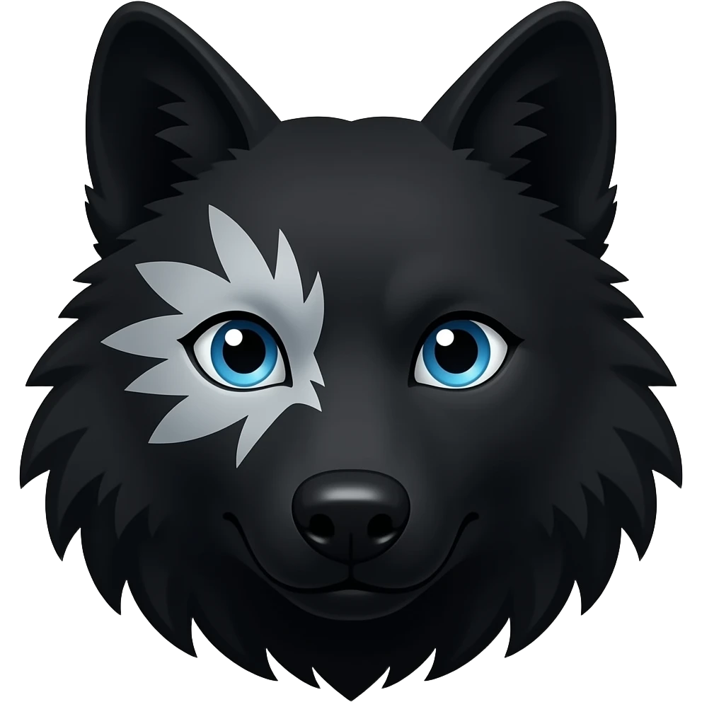black wolf with blue eyes and greyish white markings over the left eye around the eye emoji