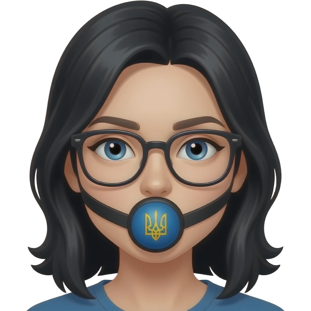 Submissive Ukrainian with black hair and blu eyes and glasses and gag ball., waiting for cum in her face. emoji