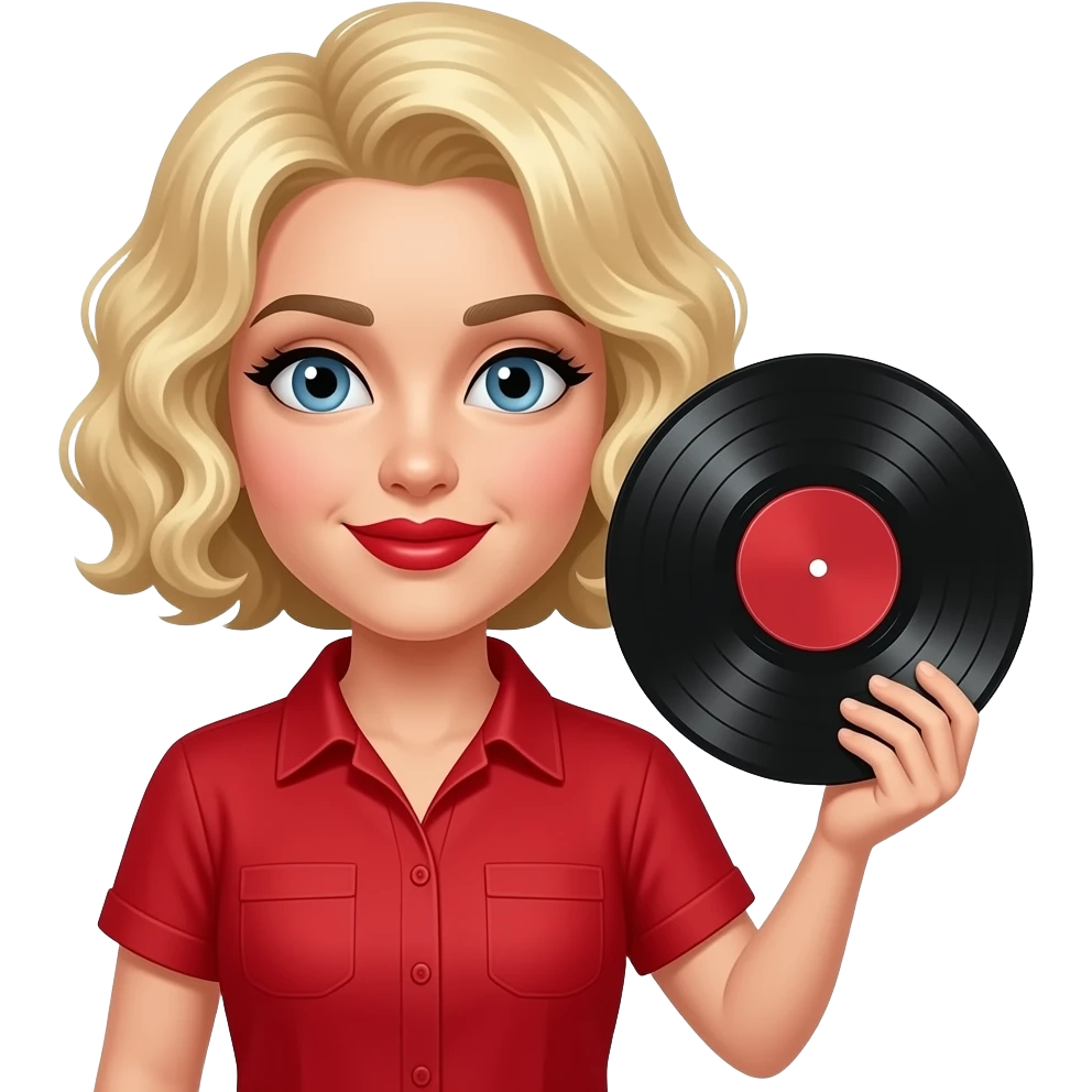 above neck Short blonde curly hair holding a phonograp music in a red short sleeve shirt, red lipstick, black eyebrows emoji